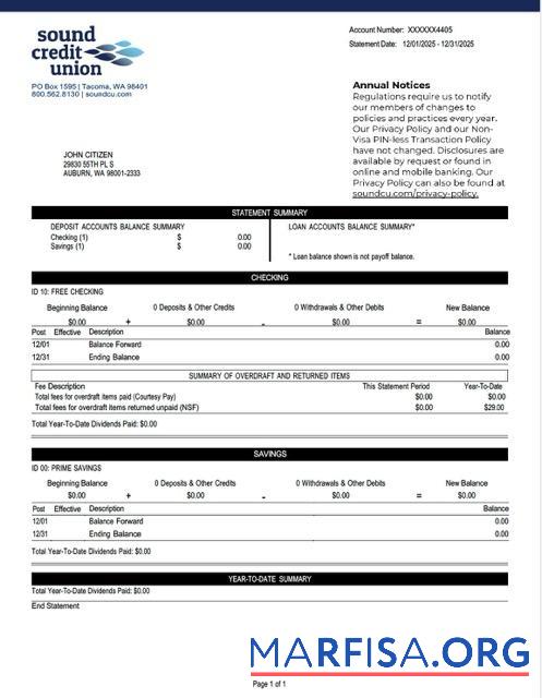 Downloadable USA Washington Sound Credit Union account statement word example